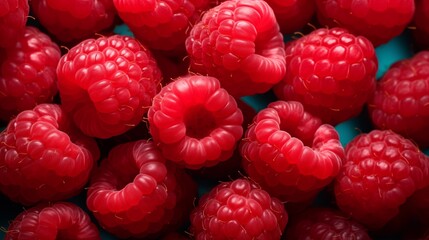 Close-Up of Juicy, Ripe Raspberries on a Vibrant Background.