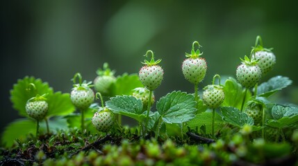  A cluster of strawberries sprouts from moss-covered ground, their leaves crowning the plants above - obrazy, fototapety, plakaty