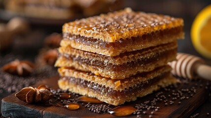 Golden Honeycomb Slice Revealing a Delectable Candy Treat - obrazy, fototapety, plakaty