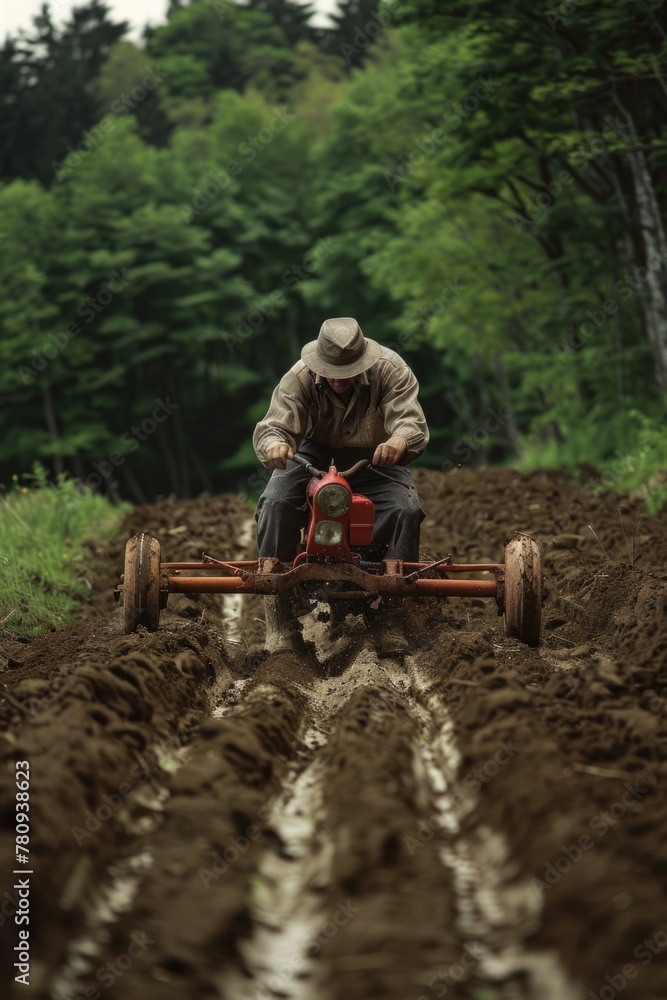 Poster a man using a tractor to plow a field. suitable for agricultural concepts