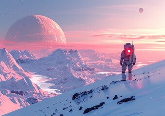 Astronaut stands on an extraterrestrial surface, with a planet looming in the dark sky above