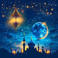 Naklejka premium Eid mubarak and ramadan kareem greetings with islamic lantern 