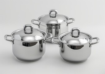 Set of steel cooking pots on a white background