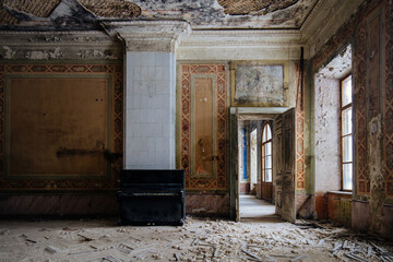 Old majestic abandoned historical mansion Pertovo-Dalnee, Moscow region, inside view