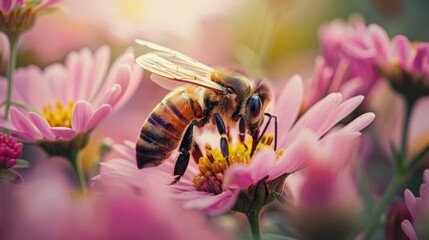 Bees Vital Role Pollination Amidst a Gardens Blooming Splendor - obrazy, fototapety, plakaty