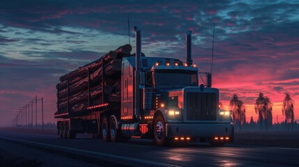 A semi truck driving down a highway at sunset. Suitable for transportation industry promotions