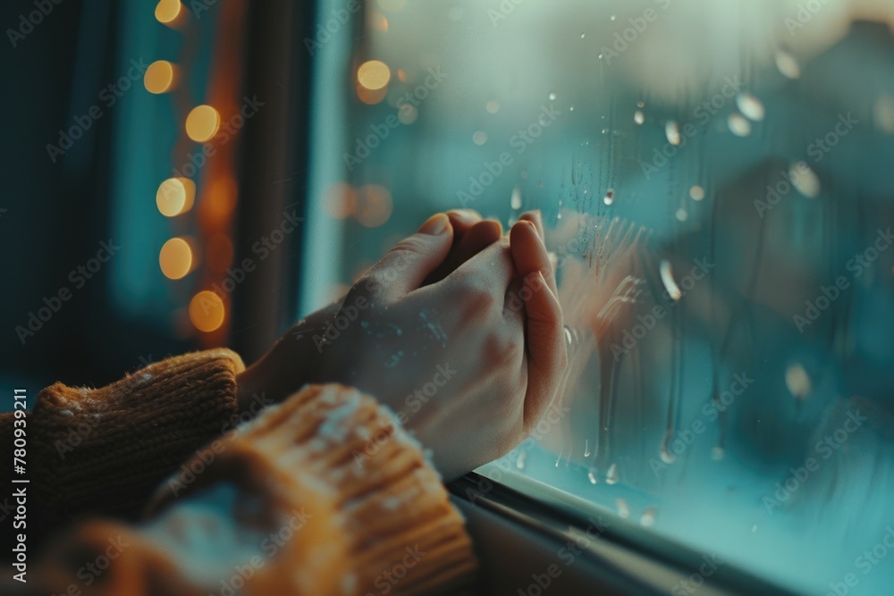 Poster a person gazing out a window at the rain, suitable for weather or contemplation concepts