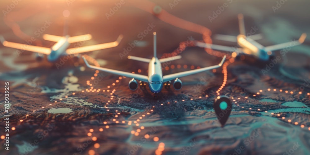 Poster a group of airplanes flying over a map, suitable for travel or navigation concepts