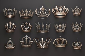A collection of crowns hanging on a wall. Ideal for royal and luxury concepts