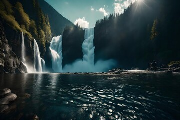 Witness the awe-inspiring power of a waterfall as it tumbles down a mountainside, portrayed in...