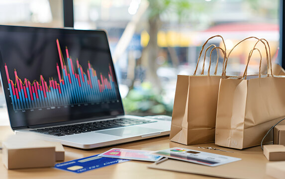 Shopping bags  and credit card on laptop with paper boxes on table and sales data economic growth graph on screen 