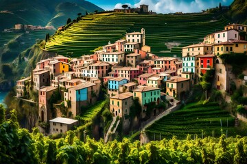 A panoramic view of Vernazza village's vineyard-covered hills, with the terraced fields creating a...