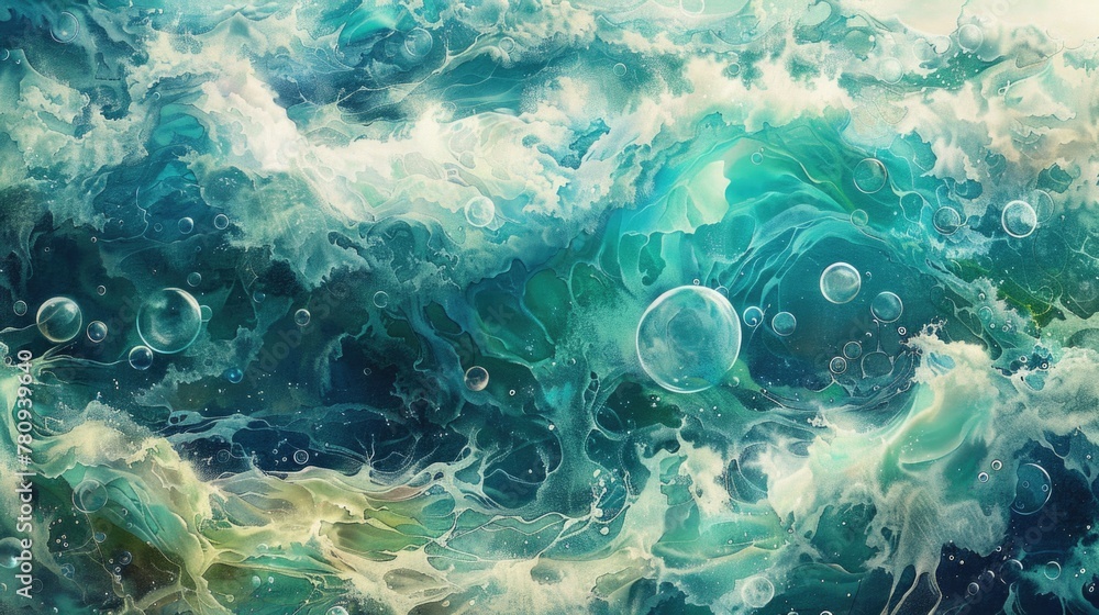 Poster a beautiful painting of a wave with bubbles, suitable for various design projects