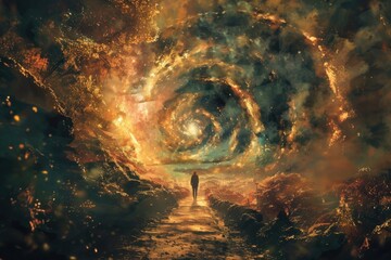 A person standing on a path in front of a spiral. Suitable for concepts of choice, decision making - obrazy, fototapety, plakaty