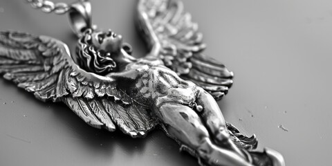 Obraz premium A silver necklace featuring an angel pendant. Suitable for jewelry stores or spiritual websites