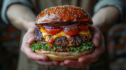   A person holding a cheeseburger topped with lettuce, onion, tomato, and onion
