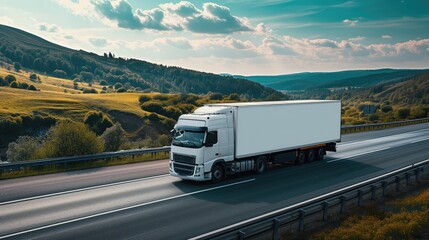 White Cargo Truck with Blank Copy Space for Text, Transit and Transport Marketing Backdrop, Trucking Industry Promotional Background, Branding Concept, Rural Highway American Freeway Road Landscape