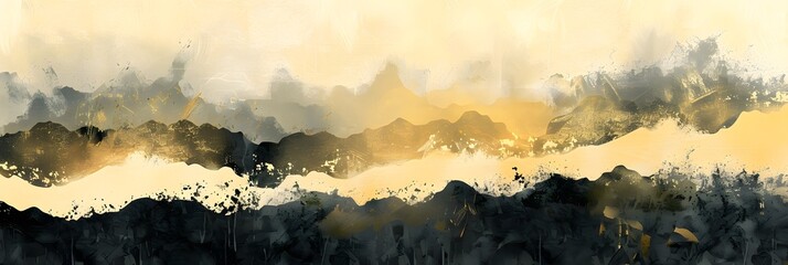 An abstract artistic background. Hand-painted ink landscape painting in Chinese style. Golden...