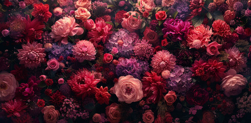   A wall featuring an arrangement of red and pink flowers in its center - obrazy, fototapety, plakaty
