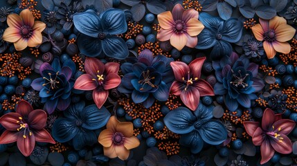   A tight shot of various blooms against a backdrop of blue and purple blossoms, boasting orange and red petals - obrazy, fototapety, plakaty