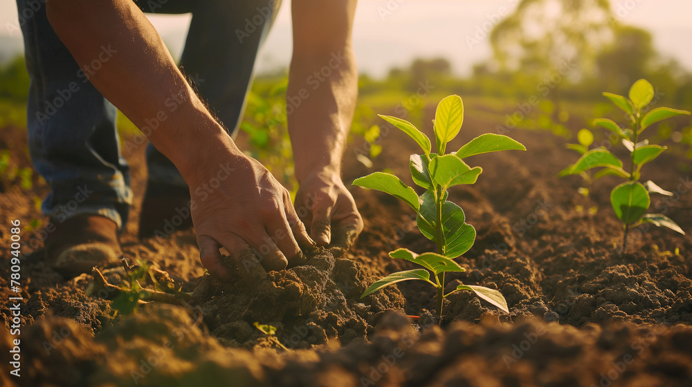 Poster a farmer planting new trees on the edges of agricultural fields to create a carbon-absorbing buffer 