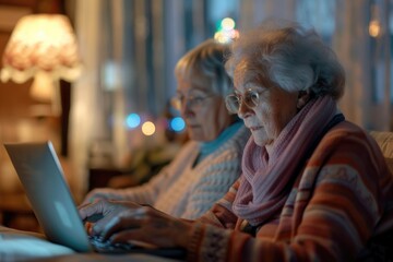 Two older women sitting on a couch, using a laptop. Suitable for technology and lifestyle concepts