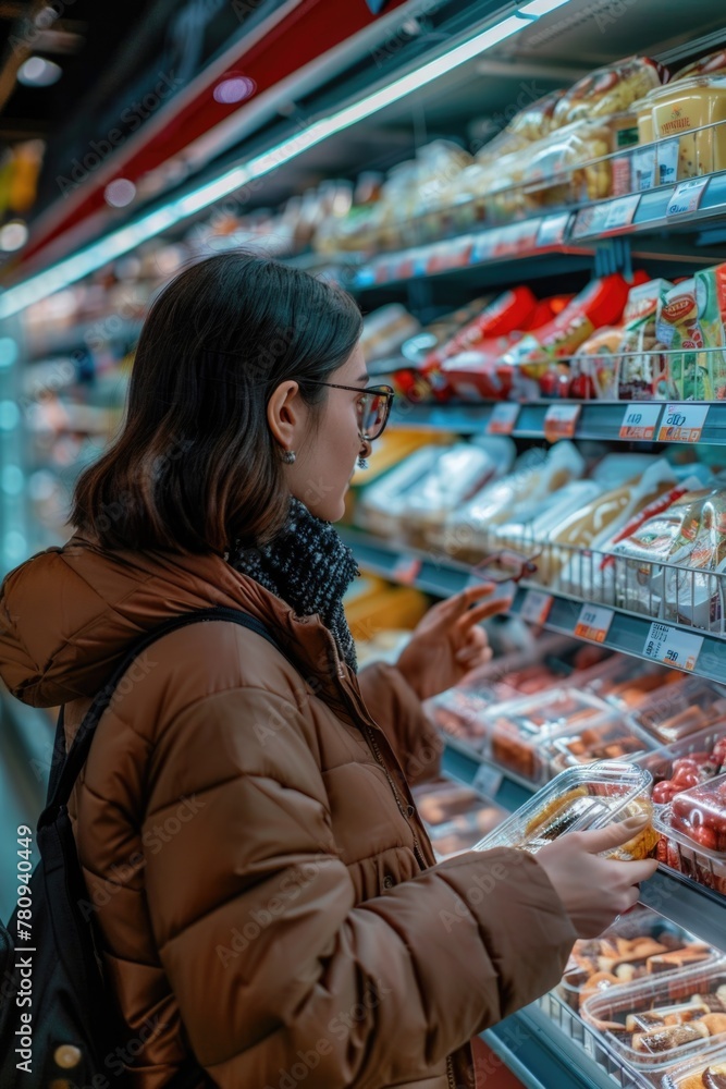 Poster a woman examining a display of food in a store. suitable for grocery store or healthy eating concept