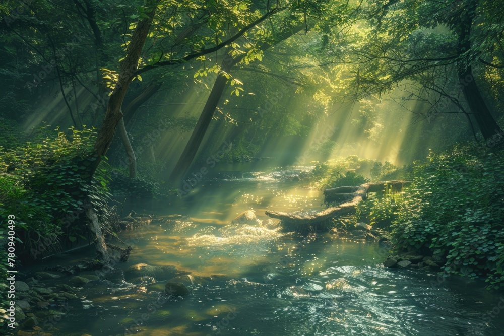 Poster a beautiful stream running through a lush green forest. perfect for nature backgrounds