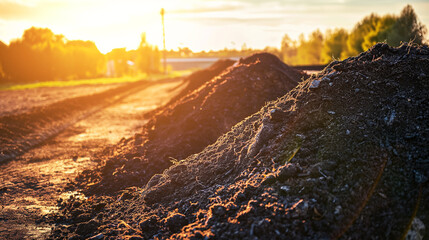A composting operation on a farm, turning organic waste into a resource that adds carbon to the soil. The compost piles are captured in the warm light of sunset, underscoring the r