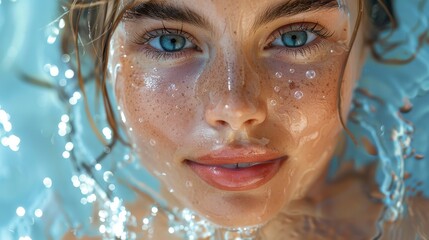 Obraz premium The beautiful spa model has splashes of water over her face. She appears smiling under the splashes of water and has fresh skin over a blue background. The spa model embodies the idea of skin care,