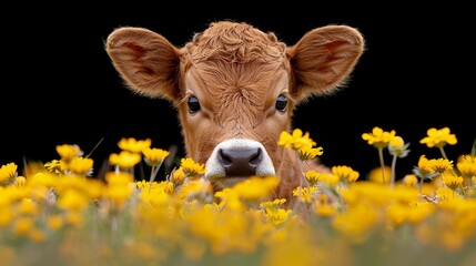   A tight shot of a browning cow gazing straight at the camera in a field of golden flowers