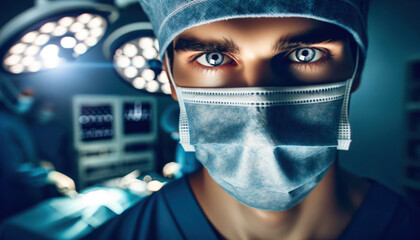 gaze of a surgeon in blue scrubs and a surgical mask. The surgeon's eyes are focused and reflective - obrazy, fototapety, plakaty