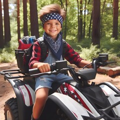 Obraz premium happy 7 year old boy in bandanas are riding an ATV off-road in the forest
