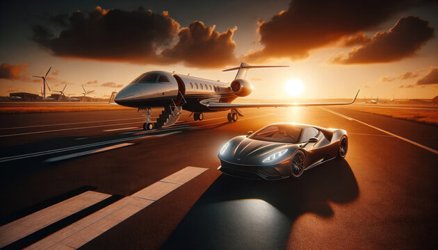 luxurious and sophisticated scene at an airstrip during sunset. The image should feature a high-end private jet and a luxury sports car