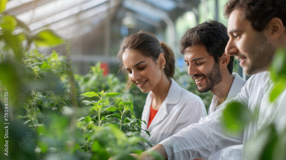 Poster a group of researchers in a greenhouse, experimenting with vertical farming techniques to increase c