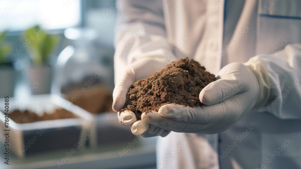 Wall mural a close-up of a researcherâs hands holding a soil sample, testing for contamination and the effect