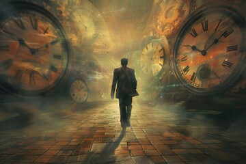 A man walks through a room with clocks on the walls. The clocks are all different sizes and are set at different times. The man is in a hurry, as he is walking quickly through the room - obrazy, fototapety, plakaty