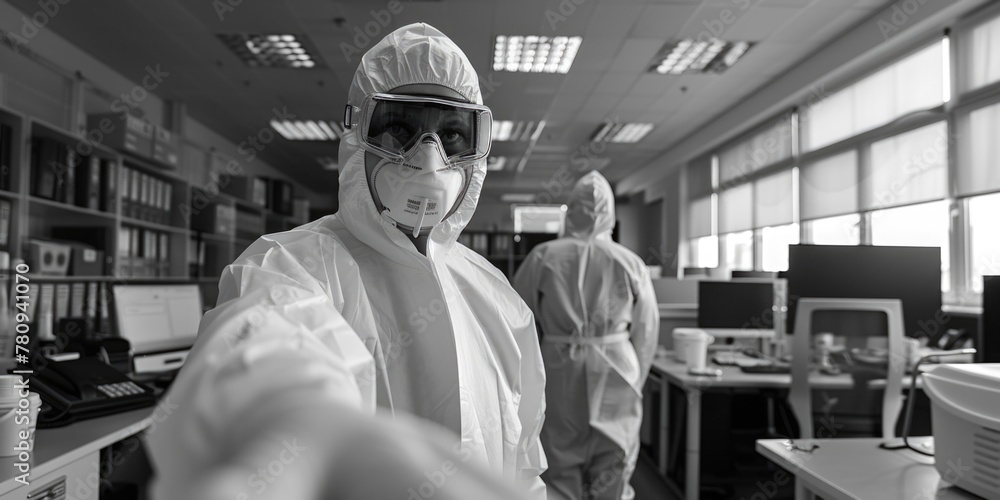 Poster A man in a lab coat and goggles standing in front of a computer. Suitable for scientific and research concepts