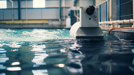 A prototype of a wave energy converter being tested in a marine research facility, with the device emerging from the water. The early morning light casts soft shadows on the innova - obrazy, fototapety, plakaty