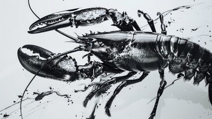 Detailed black and white drawing of a lobster. Suitable for seafood restaurant menus