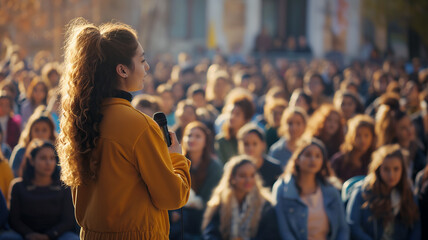 A woman with her hair tied back stands in front of a crowd, speaking into a microphone. The audience, composed of numerous individuals, is attentively listening - Generative AI