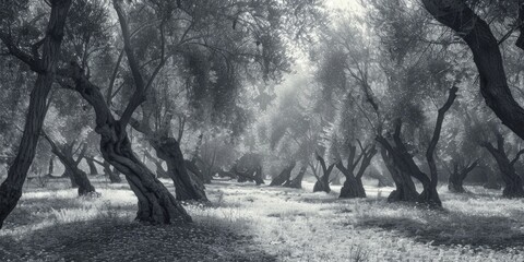 A serene black and white photo of a grove of trees. Perfect for nature-themed designs - obrazy, fototapety, plakaty