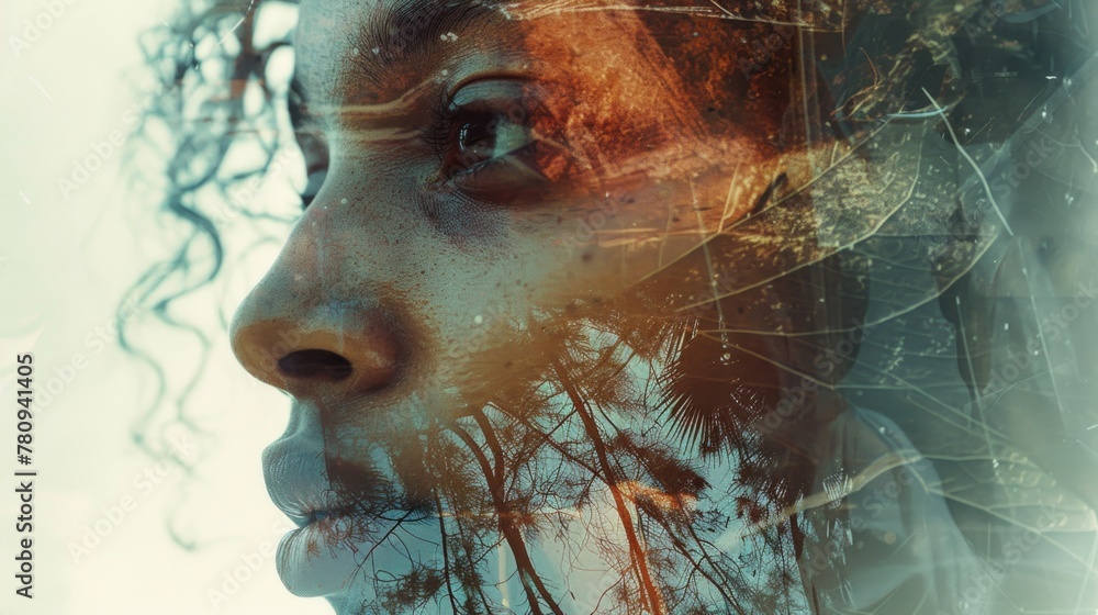 Poster Close up of a person's face with trees in the background. Suitable for various nature and portrait themes