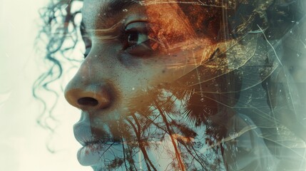 Close up of a person's face with trees in the background. Suitable for various nature and portrait themes