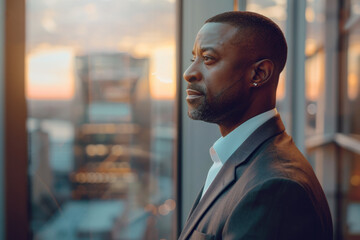 Portrait of African American business man proudly dressed in suit looking at large window of skyscraper in office. Confident businessman in a corporation
 - Powered by Adobe