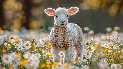 Obraz premium A lamb in a field of daisies, foreground filled with these flowers; trees in the background