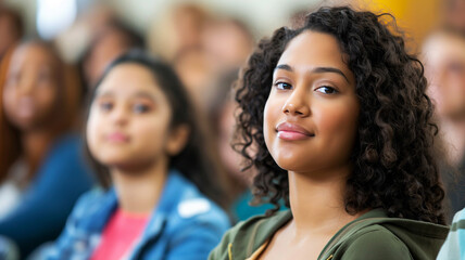 A young woman with curly hair attentively focuses ahead, as she listens to a speaker during a classroom session, surrounded by other students in soft focus