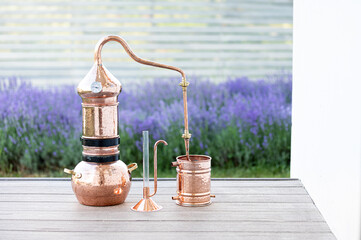 Distillation of lavender essential oil and hydrolate. Copper alambik for the flowering field. - 780941439