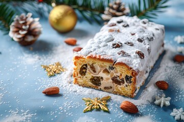 A delicious cake topped with nuts and raisins, perfect for bakery or dessert concepts