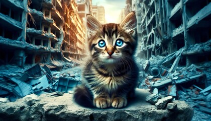A kitten in a ruined city - obrazy, fototapety, plakaty